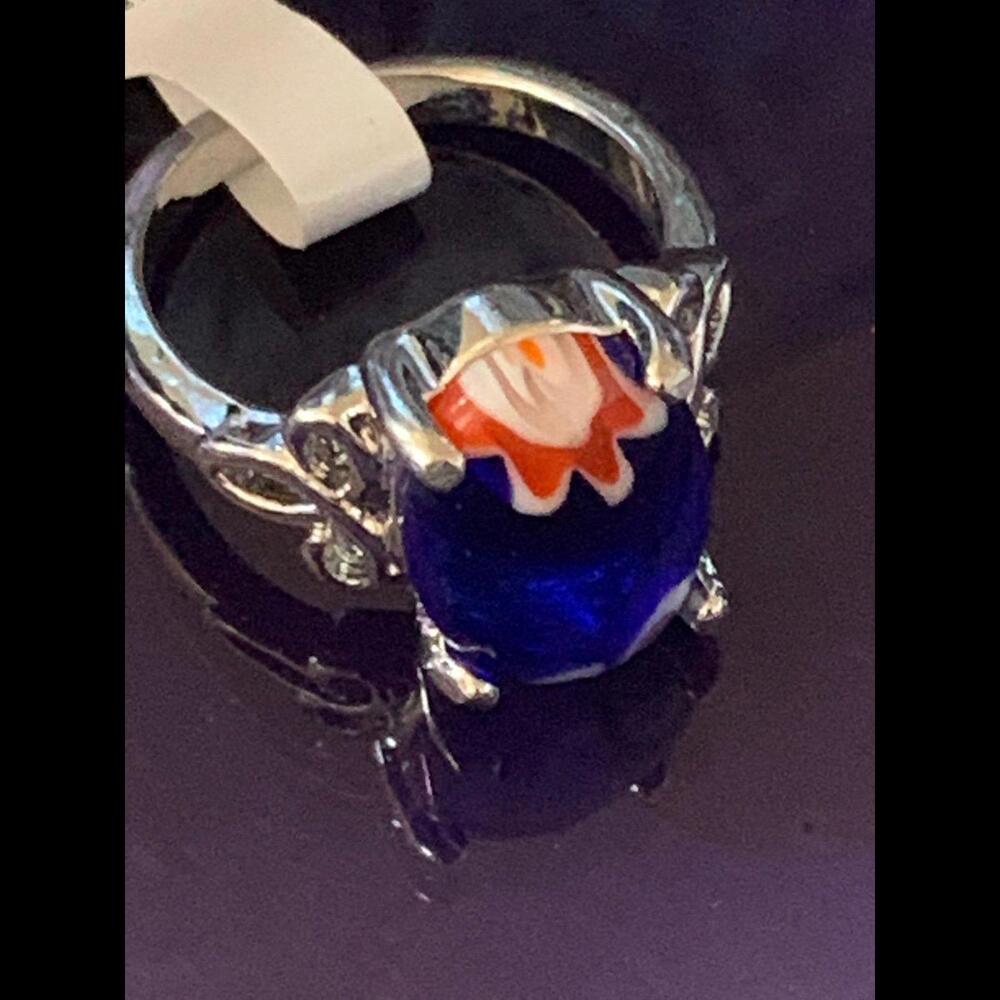 Stunning Blue and Floral Silver Ring - Size 17